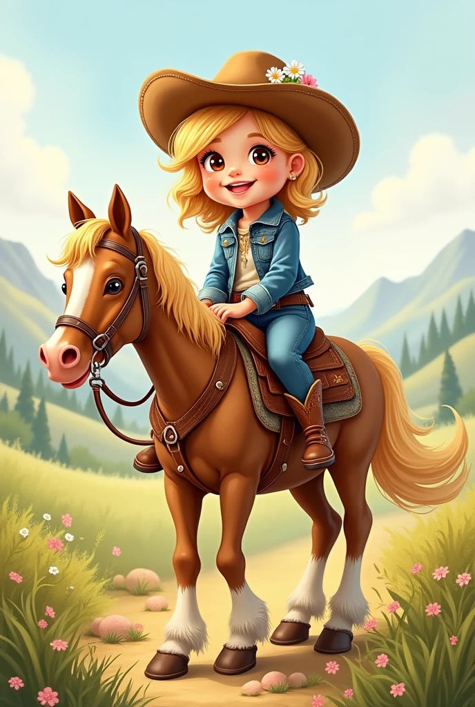 drawing of a three-year-old blonde cowgirl with brown eyes riding a horse with a flowery hat