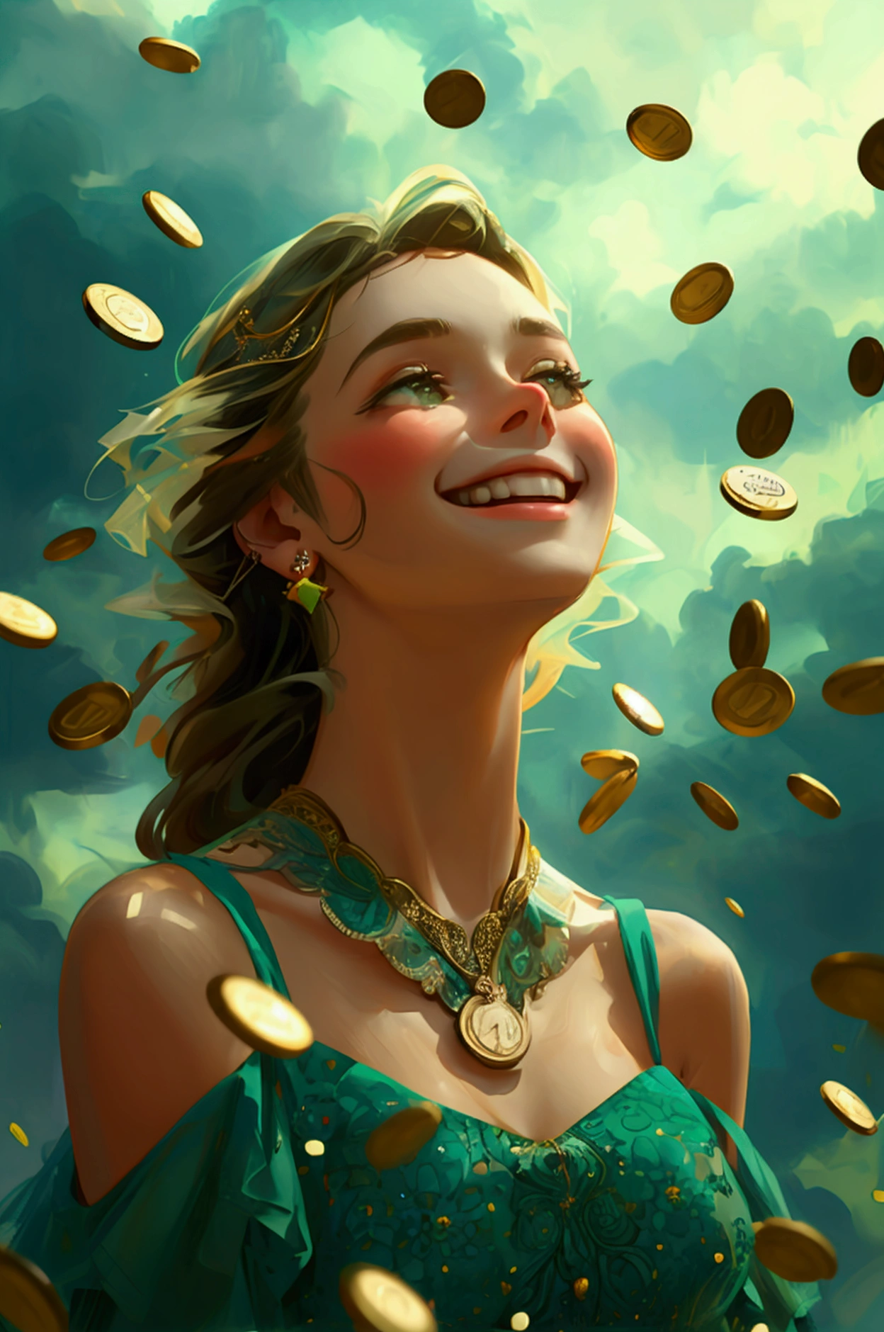 a super happy girl wearing a modern green dress , coins from the sky, super happy
