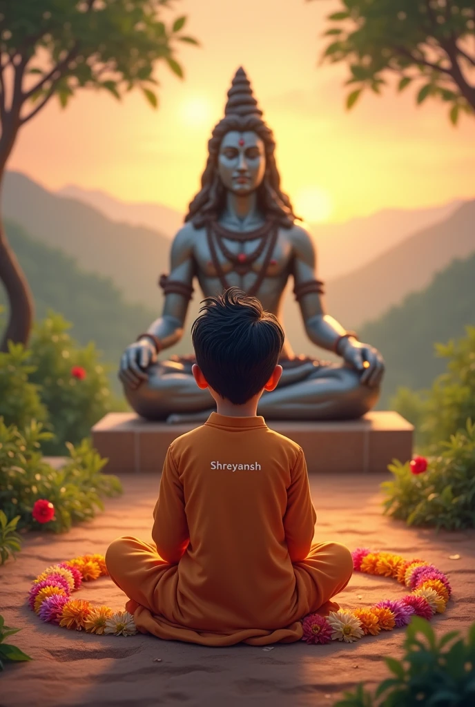 Background change with evening sky 18 year old realistic boy barefoot standing next to shiva idol, a realistic high quality image where there is an idol of realistic lord shiva in sitting role, the boy is wearing shirt on which SHANMUKH is clearly written. High resolution picture, 4k image, devotional atmosphere, natural realistic background, night moon view.
