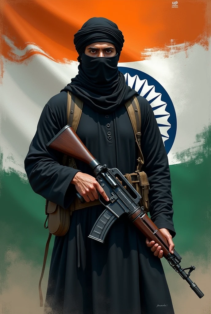 A mujahid in black clothes holding a weapon and there is a Indian flag 