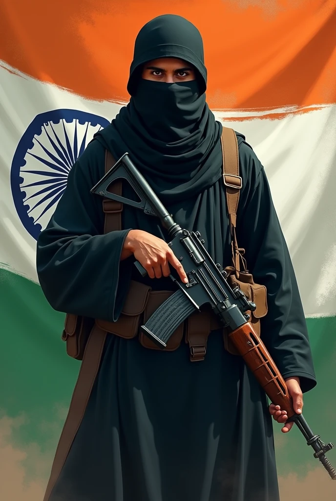 A mujahid in black clothes holding a weapon and there is a Indian flag 