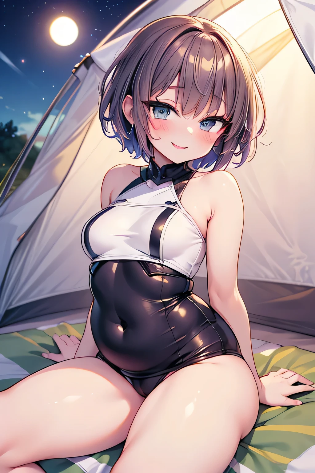 Hentai、Highest quality、A short, small-breasted female camper spreads her legs in a camping tent late at night to show off her sexual appeal、Yuki Nagato、Perfect proportions、Plump thighs、Fatty legs、Beautiful sparkling eyes、smile、Blushed、Cowboy Shot