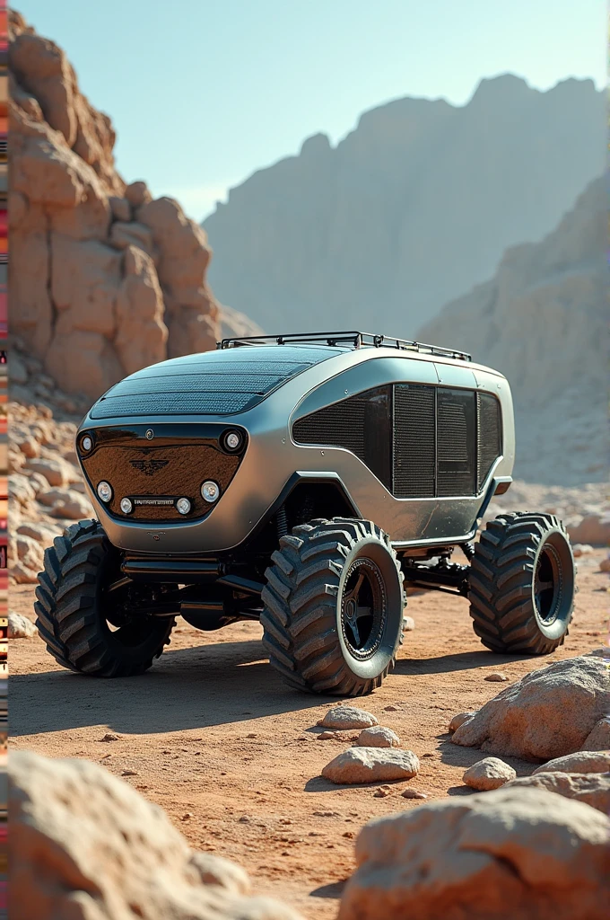Solar powered car, two-storey (English bus type), ice bank, big wheels that ride on rocky terrain 