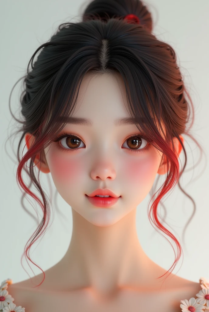 ((hyper detailed)) realistic, female face, with red and black hair color, cute and beautiful, focus detailed eyes, lips and nose, short hair, tied, very korean look with chubby chick, 2 female ((rendered in blender)), show only head and neck, ((floating, 3d Work in progress)). wide view camera