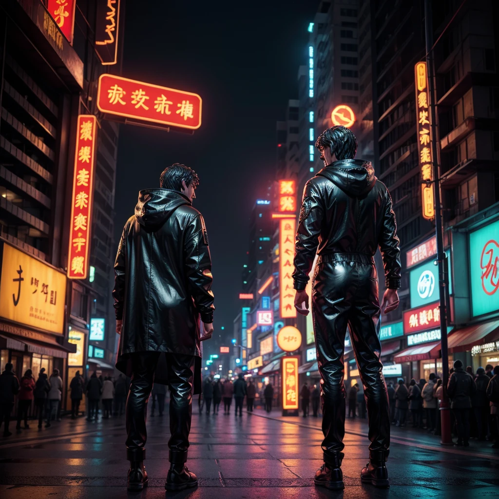 a man in a chinese neon hood, neon night city, marcus aurelius statue, body facing back, faceless, mysterious, highly detailed, photorealistic, 8k, masterpiece, only a single person