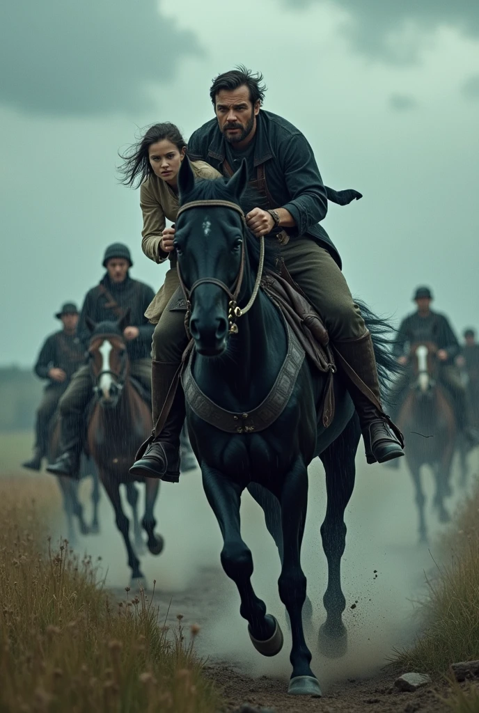 Bandit fleeing with a girl on a black horse in the rain with 3 more riders