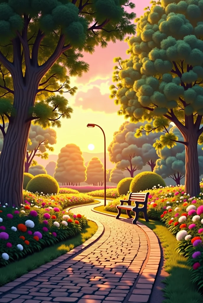 A serene, sunlit pathway winds through a lush park, bathed in the warm, golden glow of sunset. The cobblestone path, framed by vibrant flower beds bursting with colors, leads towards the horizon. Tall, majestic trees with rich green foliage form a natural canopy overhead, their leaves casting dappled shadows on the ground. A lone wooden bench sits quietly on the side of the path, inviting you to pause and take in the peaceful surroundings. The scene is tranquil, almost dreamlike, as the soft hues of the setting sun paint the sky in shades of orange and pink."