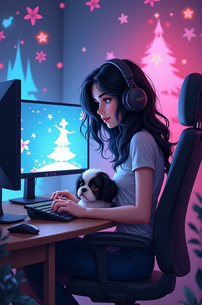 white woman with dark hair gamer with her gamer setup, a Shitzu on my lap in the shape of Disney characters