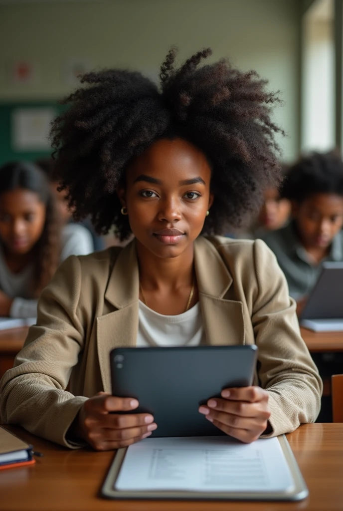 Uma nerd negra com traços de pele amrelos estudando num tablet na sala de aula e olhos castanhos mulher 