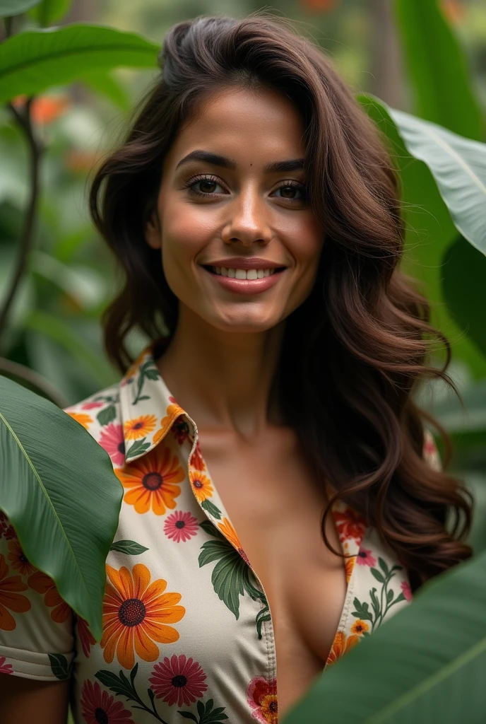 A Brazilian woman in a lush tropical garden, wearing an open shirt with a floral print, with a close-up capturing the harmonious beauty between her breasts and the natural flowers, showing off your natural charm and outgoing personality.