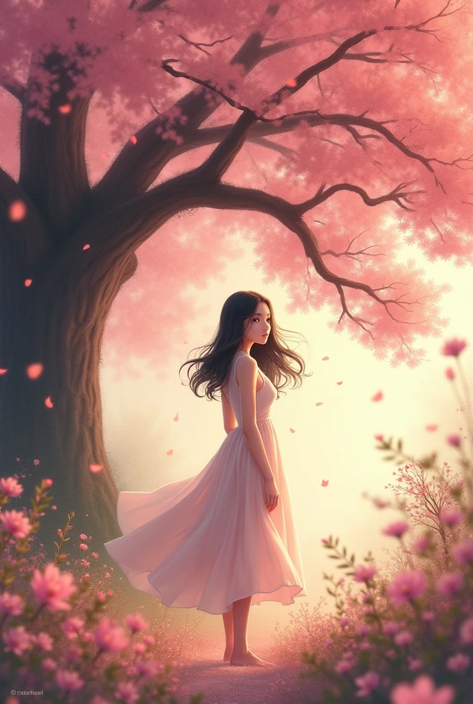 A woman is waiting for me under a big cherry tree