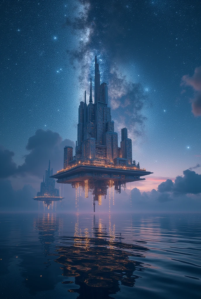 masterpiece, Super detail, HD, 8k, Super detail, Best Quality, Milky Way, star々the ocean, floating city, Countless flashes