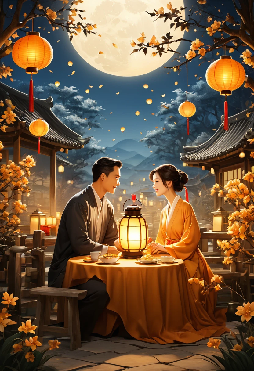 mid-autumn festival，Handsome father and charming beautiful mother, a cute  and a family sitting in the garden holding a lantern(There are many beautiful flowers in the foreground)Let’s enjoy the huge and beautiful moon. The warm, peaceful and happy atmosphere. The movie lights. Warm tones. Masterpiece. The happy scene is very beautiful., perfect composition, intricate details, Super detailed ( perfect anatomy ) Beautifully, 清新優雅的審美風格噴槍數位油畫精緻的藝術作品 營造出mid-autumn festival歡樂場景 (unique style)Very detailed, Real raw photos, best movie quality, Extremely fine texture, High quality work from a master artist