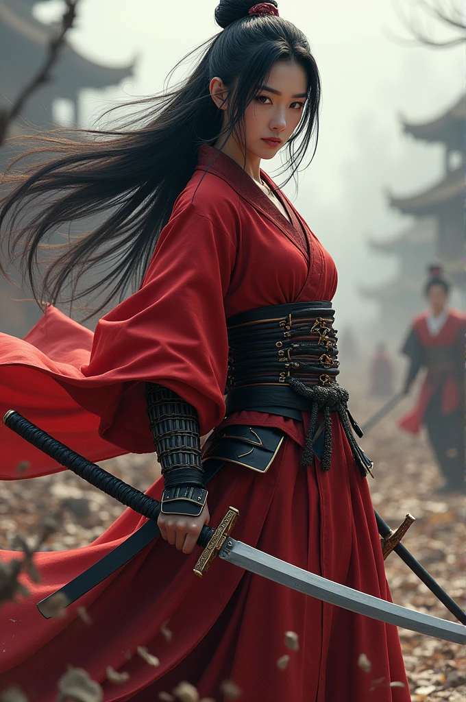 Create a stunningly beautiful samurai warrior, with slanted eyes and black hair. She must be dressed in a red outfit, Holding a sword in his hand, situated on a battlefield. Make sure it's a woman.