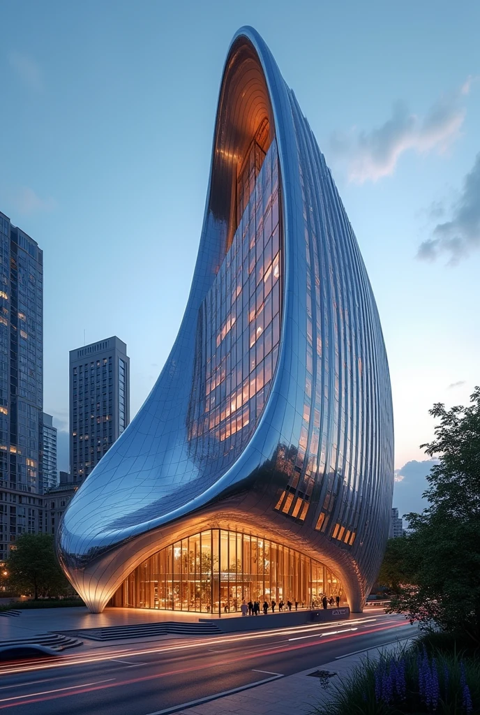 Modern hotel building in a shape of a spoon. It has a unique design and nice lights. Show the exterior of it.