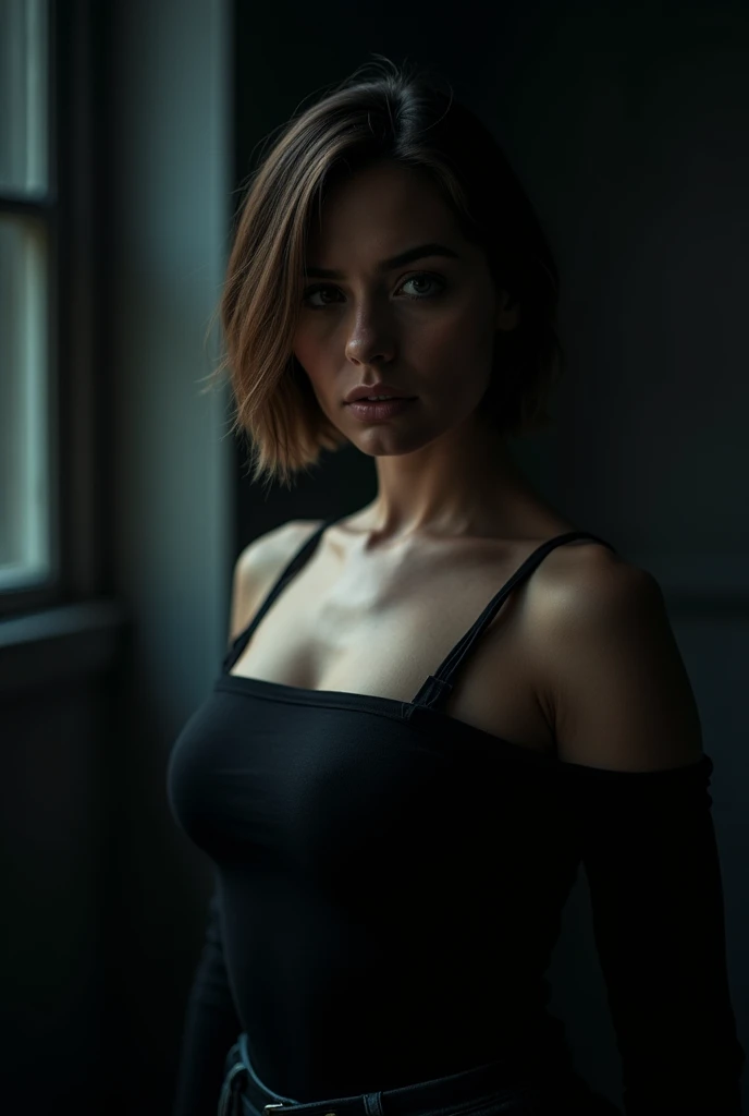 best quality, masterpiece, ultra high resolution, (lifelike:1.5), original photo, 1 girl, Off the shoulders, in the darkness, deep shadow, low profile, cold light, sexy look, short hair, big breasts