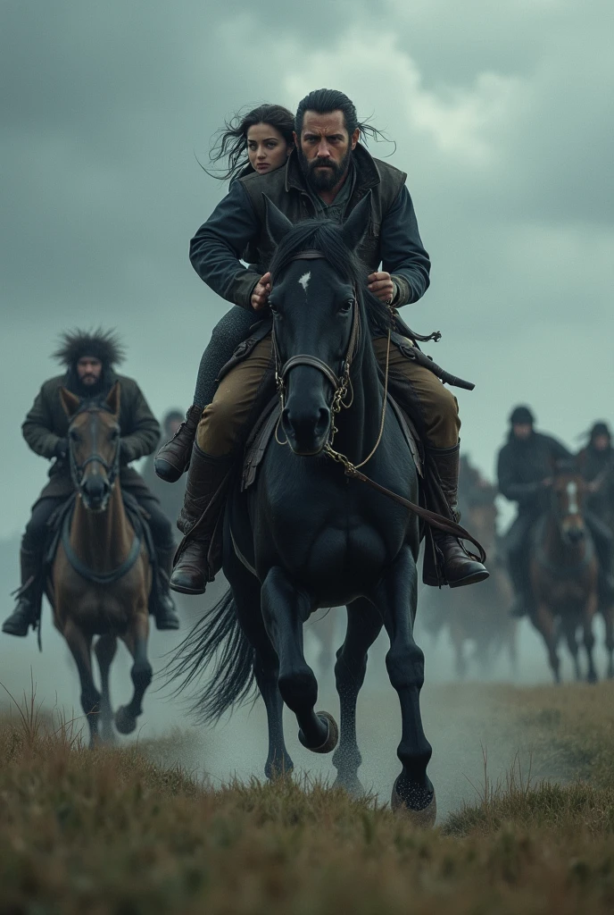 Bandit fleeing with a girl on a black horse in the rain with 3 more riders