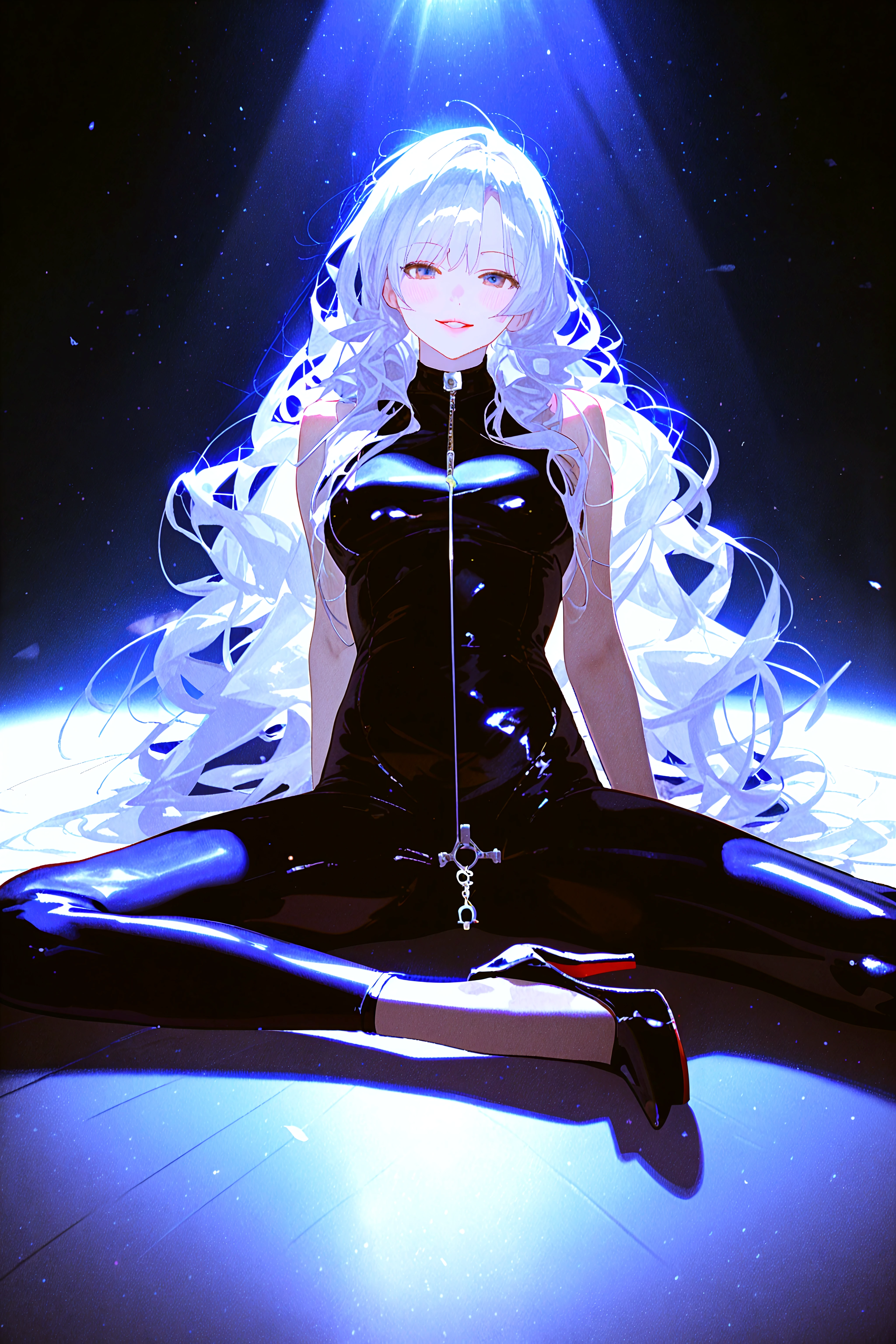 Anime girl with long white hair sitting on floor in space - SeaArt AI
