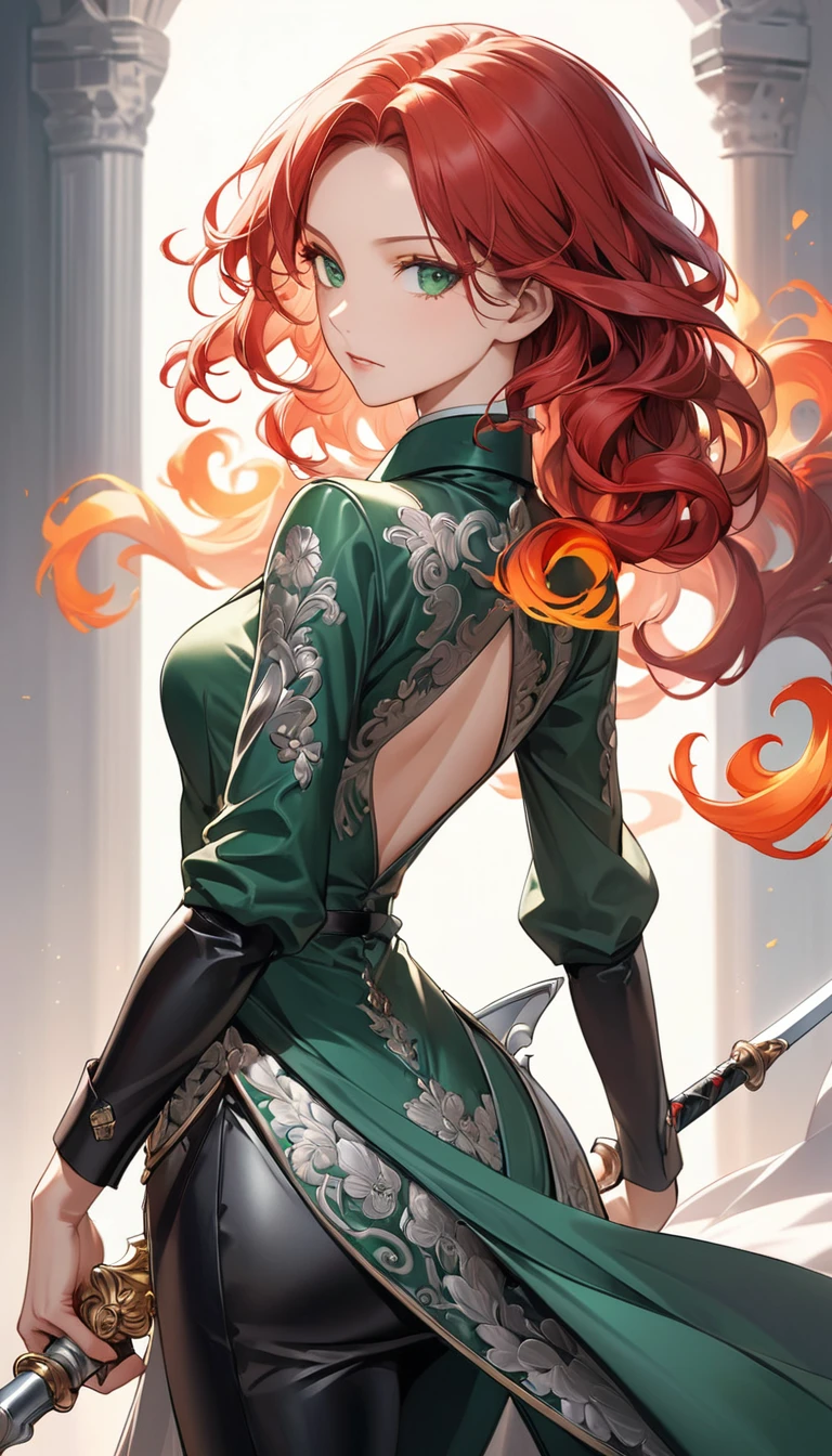 A majestic, slender-built woman with emerald green eyes, sharply defined facial features, and elegantly, adorned with a magnificent, wild mane of curly, fiery red hair that cascades down her back, wearing a fitted, high-collared black leather jerkin with intricate silver brocade embroidery, grasping a slender, ornate rapier with an ivory hilt, its silver blade glinting in the soft, warm light that illuminates her refined features, set against a subtle, muted background that allows her striking beauty and deadly elegance to take center stage.