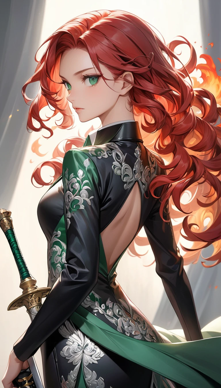 A majestic, slender-built woman with emerald green eyes, sharply defined facial features, and elegantly, adorned with a magnificent, wild mane of curly, fiery red hair that cascades down her back, wearing a fitted, high-collared black leather jerkin with intricate silver brocade embroidery, grasping a slender, ornate rapier with an ivory hilt, its silver blade glinting in the soft, warm light that illuminates her refined features, set against a subtle, muted background that allows her striking beauty and deadly elegance to take center stage.