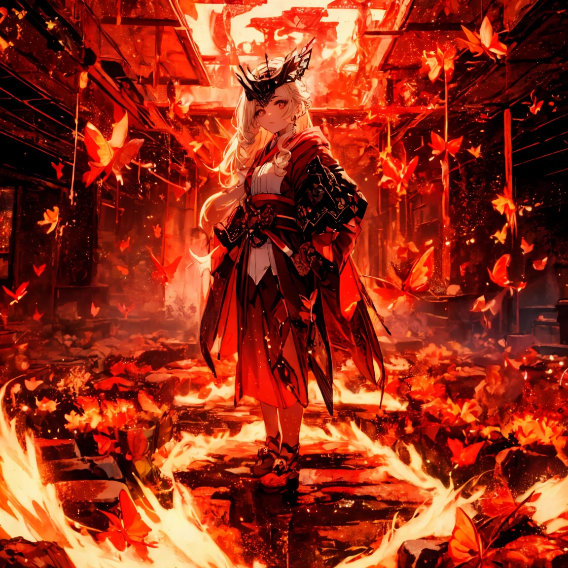 (Lady:1.5),(Genshin Impact:1.5), (Digital Art:1.5),(Red Theme:1.5), (Fantasy:1.5), (Beautiful views:1.5),(landscape:1.5),(Colorful butterflies:1.5),(Inside the Japan Castle:1.5),(Burning Field:1.5),(Fantasy world:1.5),(Spiritual world:1.5),(Scenic:1.5),(Many red butterflies are flying:1.5),(Red Theme:1.5), (Great illustrations:1.5),(dynamic:1.3), (Absurd:1.5),(Ultra_detailed:1.5),(delicate:1.5),(顔の表情のdetailed:1.5),(Highest quality:1.5),(masterpiece:1.5),