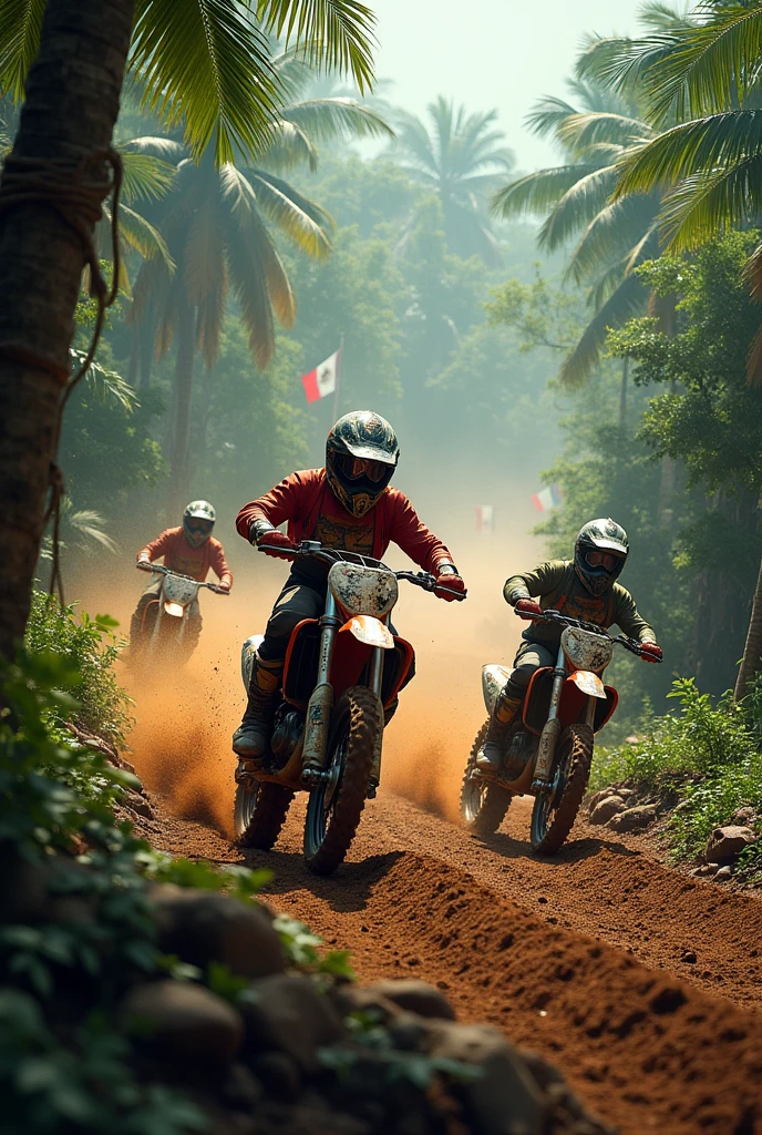 Motocross race in the jungle, Mexican flag background