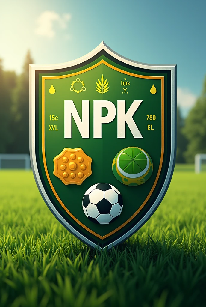 Create a shield for a football team called NPK, with references to agronomy and with the table of elements at the bottom, as Magnesium, Soccer, etc