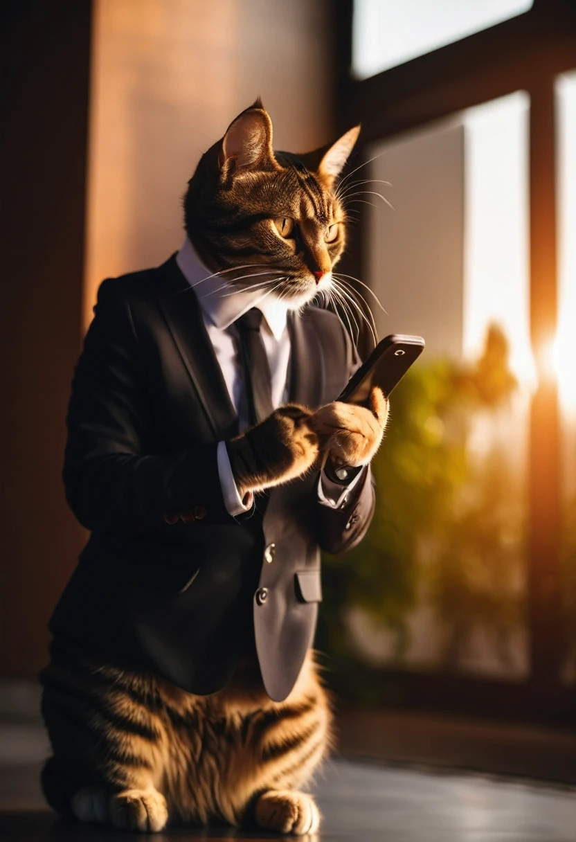 beautiful cat in business suit, standing in a dark hall filled with sunset light, holds smartphone in cat paw