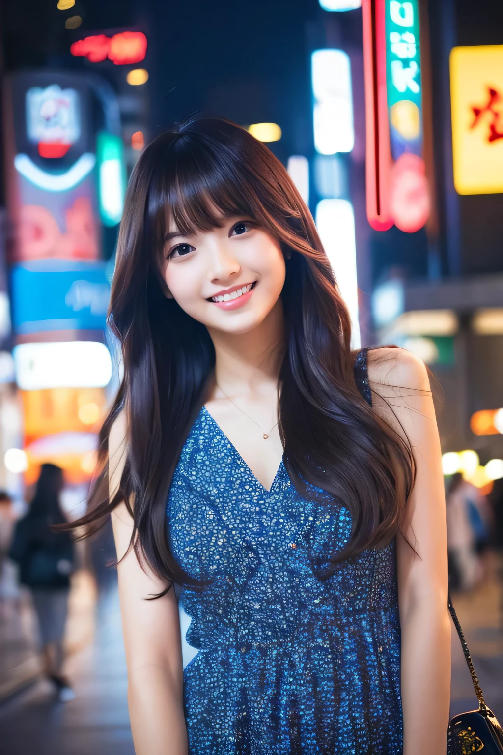 1 person。Night cityscape、Shinjuku downtown、Neon Town、whole body、(16K、Live Shooting、Highest quality、masterpiece:1.2)、(Real、フォトReal:1.37)、Highly detailed eyelash drawing、(((Highest quality))), (Perfect fit Anatomy), (Realism), (Movement angle), Seductive pose,Perfect fit, Looking lewdly、Highest quality、High resolution、Wearing fashionable summer clothes、Street Snap、Long and wavy hair、whole body、Stylish Fashion、30th Generation,Kyoko Fukada、from the front,Long Hair,laughing