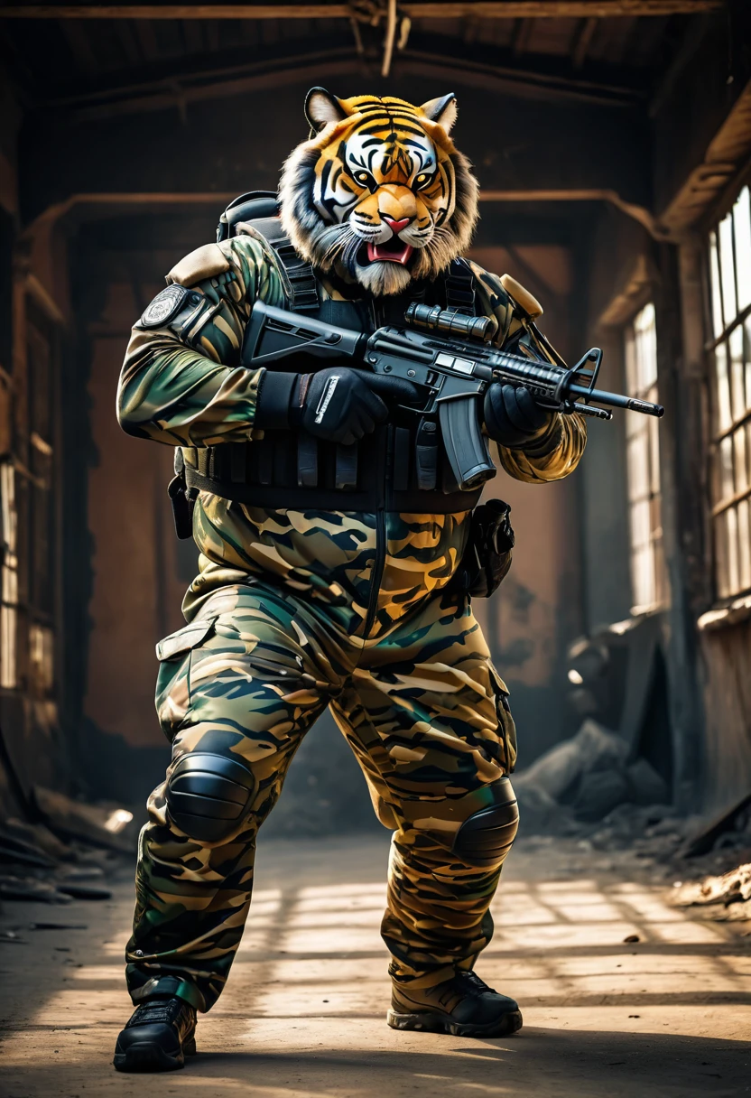(a dark-skinned bearded fat muscular old man in a bulky army camouflage zipper diver suit) holding a gun, (wearing a small-sized realistic roaring tiger mask), dynamic action pose, fierce expression, showcasing an imposing stature, surrounded by military elements, dramatic shadows and intense highlights, cinematic color tones, high detail, powerful, art influenced by Bruce Onobrakpeya and Stanley Artgerm, ultra-detailed, best quality image, action-packed atmosphere. thumbs up pose