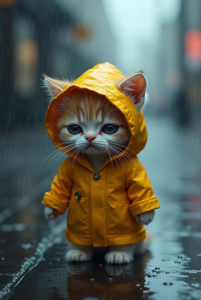 Sad kitten in raincoat in the rain 
