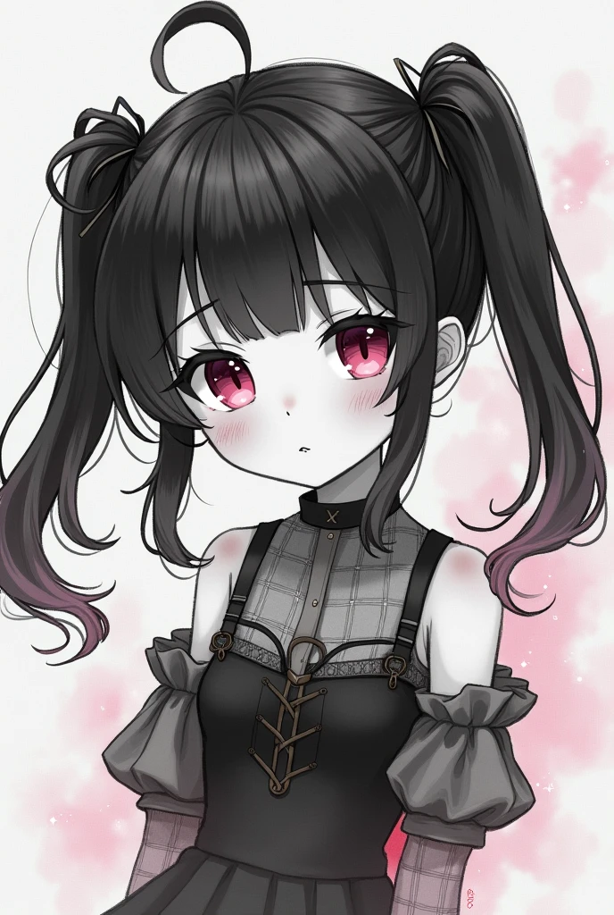 chibi, monochrome pencil drawing, self-portrait, cute girl, short twin tails, shy, pink eyes, (attractive and seductive) and (amorous and lewd) expression, shading, shadows, contrast, conceptual installation art, 2.5D, delicate and dynamic effects, iridescent effects, artistic, hyper, graphic CG digital art, (anime, manga, cartoon, illustration)-style