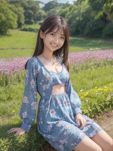 apanese female, (underweight), (flat chest best quality:1.5), 30 years old, (cheerful grin:1.3),
field of flowers, happy, sitting, semi long, (short dress), (floral print cloth), (blue Clothes), full body shot, ground-level shot