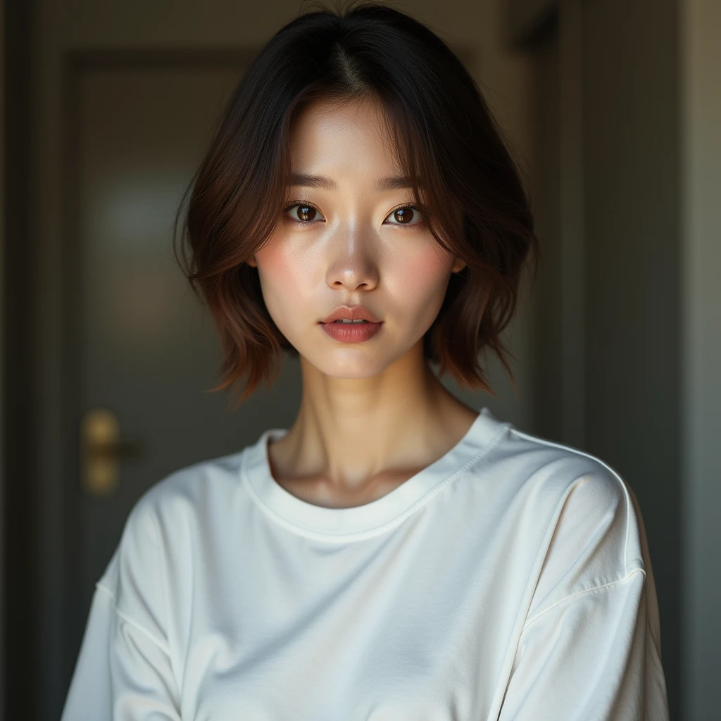 Extremely realistic Asian young woman with brown hair and brown eyes, wearing a oversized big white t-shirt, entire upper body, not portrait, wear glasses, short brown hair, real skin, detail skin, pretty girl, fair skin, iPhone camera, pov
