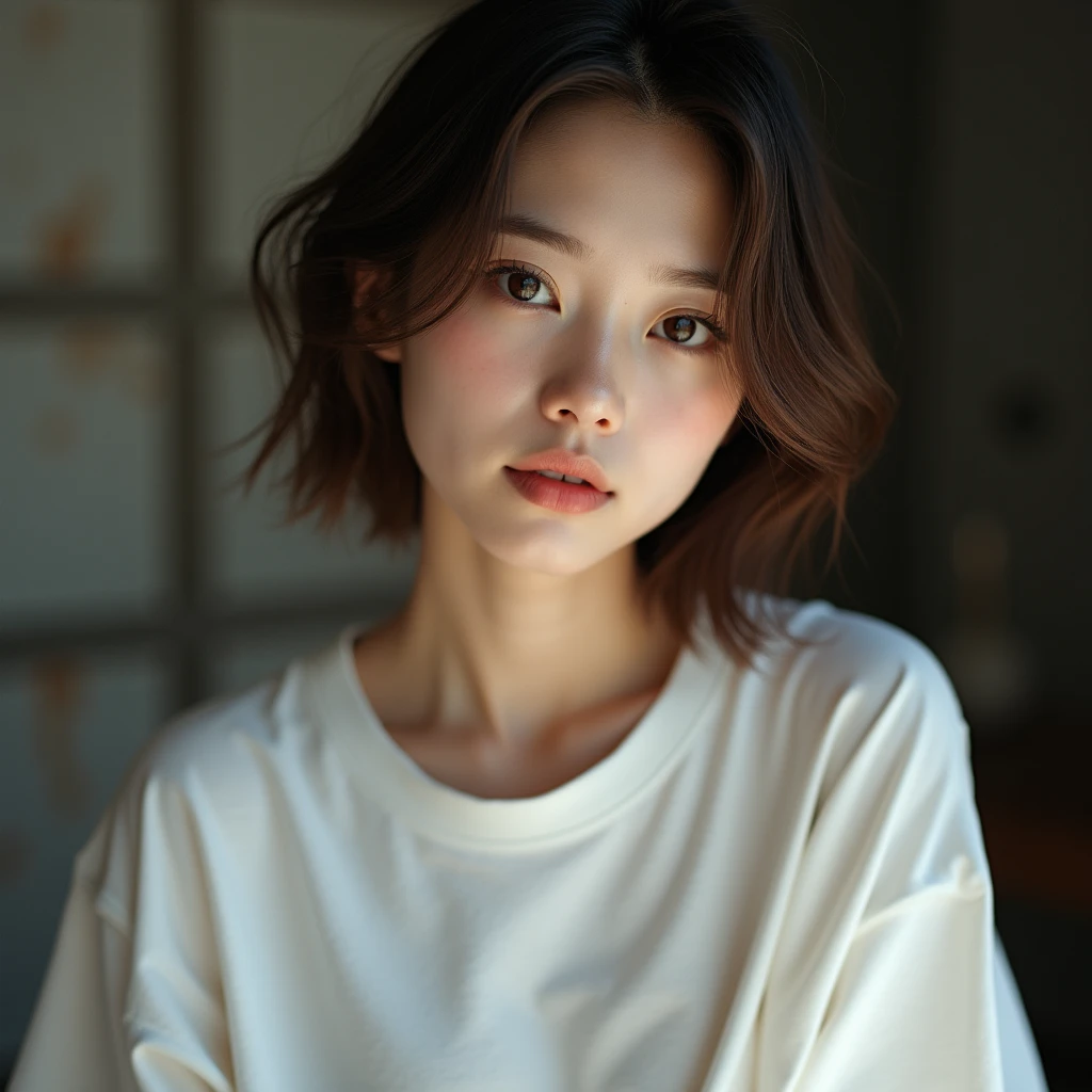 Japanese women、50 years old、Brown Hair、Shortcuts、White camisole、Ｂcup、whole body