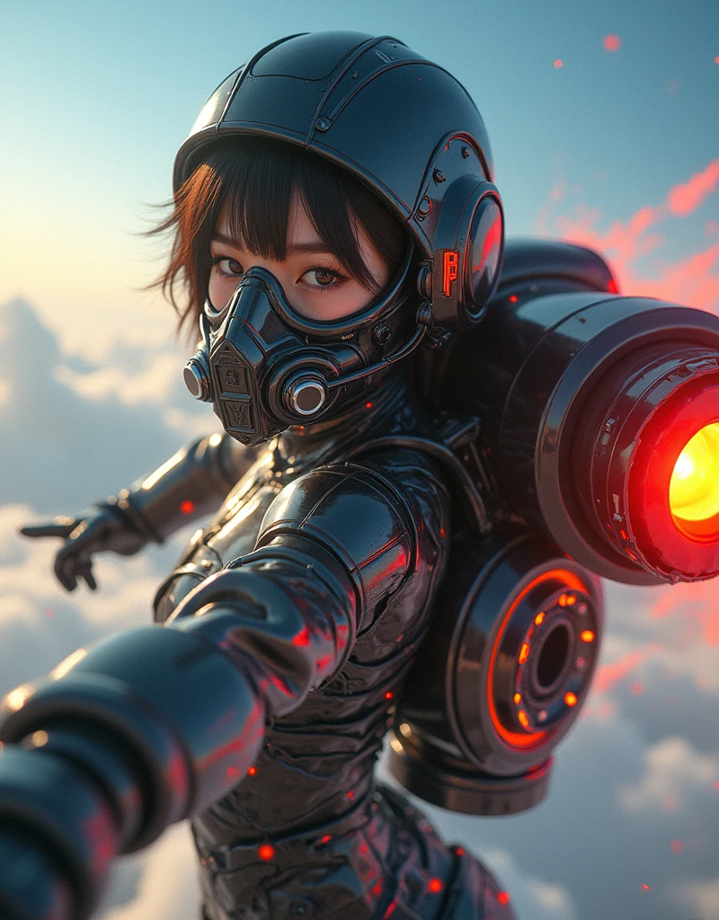 photo-realistic, ultra-realistic, very beautiful Japanese, famous Japanese idol, 20 years old, dramatic scene, masterpiece, beautiful eyes, (extremely intricated with extremely complex futuristic cyber punk mecha armored full-face gas mask:1.5), (wearing extremely intricated with complex multi-layered cyber punk mecha armored tight fitting bodysuits with neon marker:1.3), (She uses the ultra high power rocket engine on her back to flying high speed in the sky:1.5), amazing view from sky, (surprising), acrobatic pose, dynamic angle, (shoot from behind),