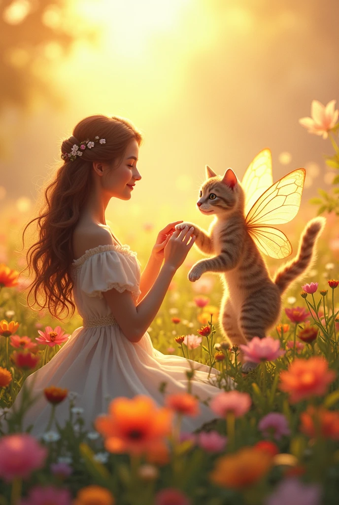 Beautiful girl touching cat's paw、Beautiful flower field、Dancing cat fairy、Beautiful sunshine、smile