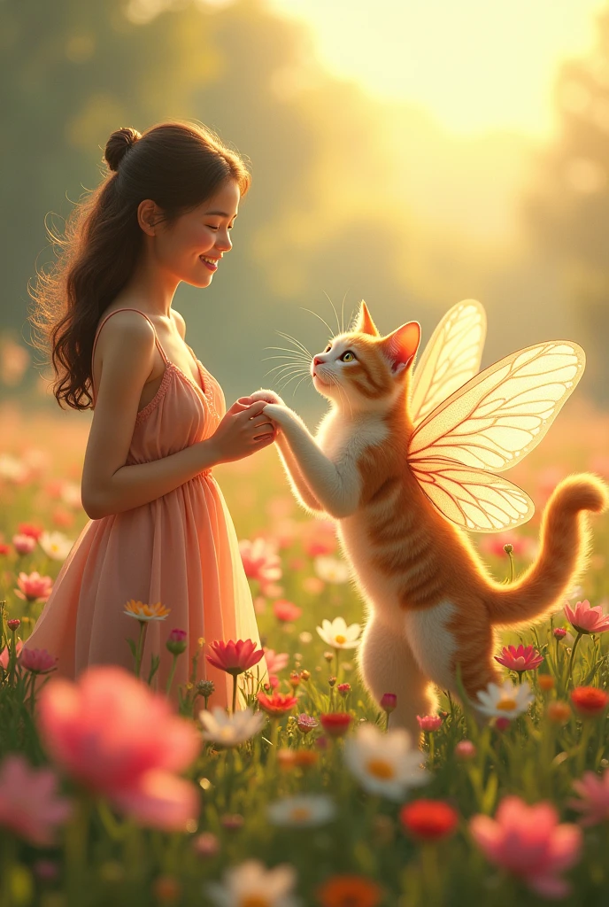 Beautiful girl touching cat's paw、Beautiful flower field、Dancing cat fairy、Beautiful sunshine、smile