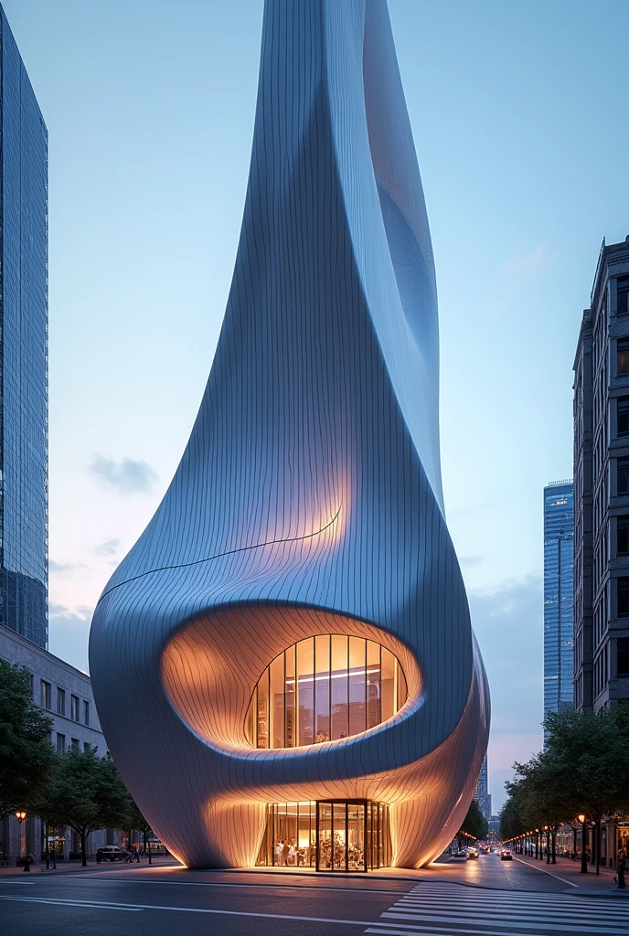Modern hotel building in a shape of a spoon. It has a unique design and nice lights. Show the exterior of it.