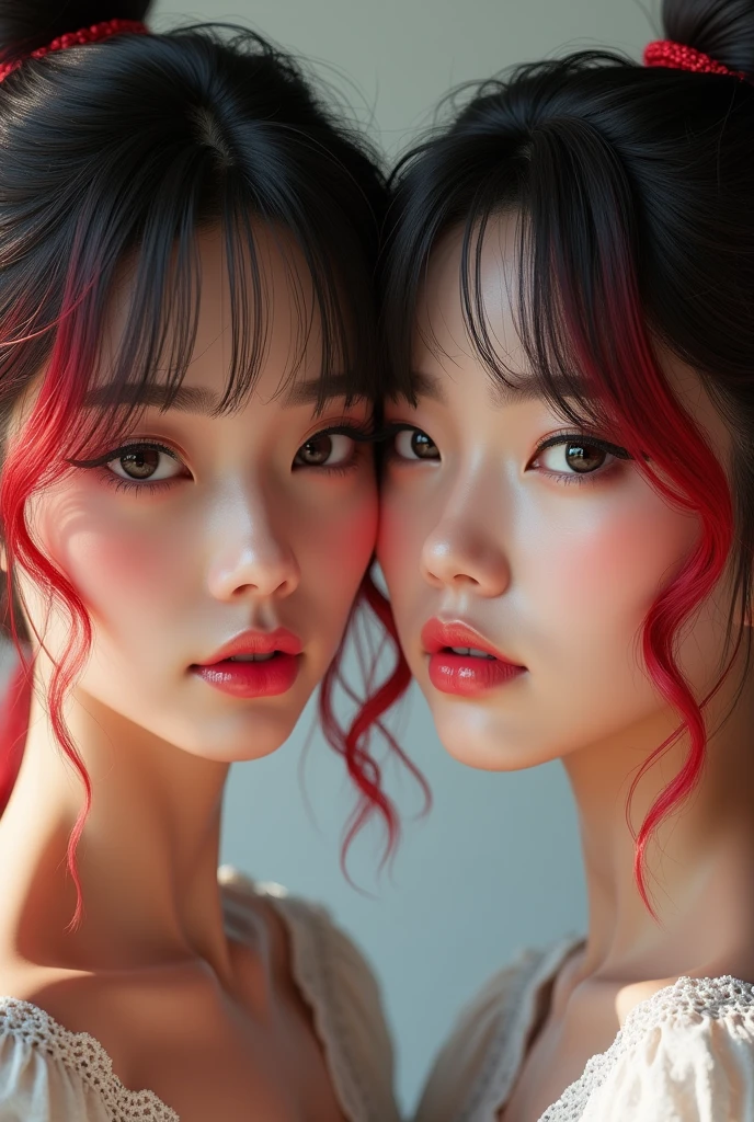 ((hyper detailed)) realistic, female face, with red and black hair color, cute and beautiful, focus detailed eyes, lips and nose, short hair, tied, very korean look, ((2 female)),((rendered in blender)), show only head and neck, ((floating, 3d Work in progress)). wide view camera