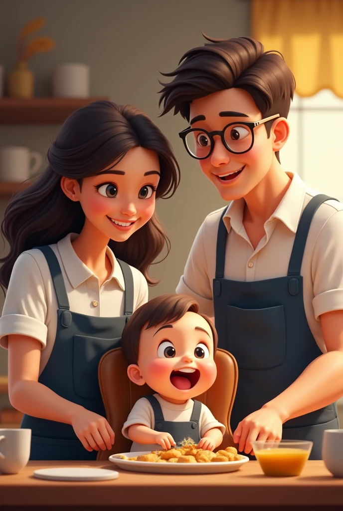 animated mom with a dark brown wavy hair and dad with glasses, both wearing a white shirt and a dark blue apron preparing a breakfast while the baby is sitting on a brown high chair, giggling and drooling