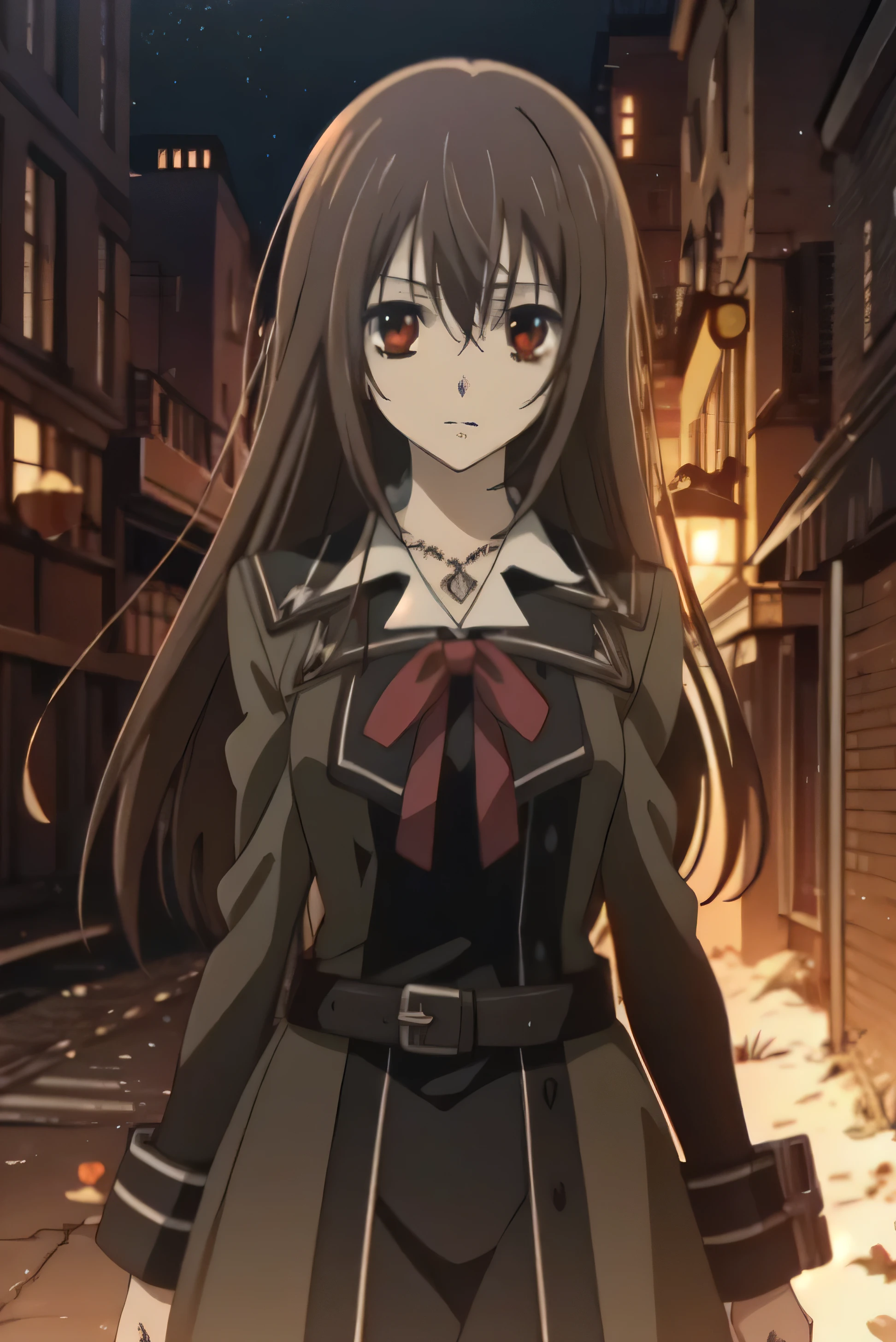 masterpiece, best quality, photorealistic, 1girl, solo, looking at viewer, , depth of field, anime coloring, , yuuki_cross, (long brown hair), red eyes, , zombie costume, dieselpunk, High definition