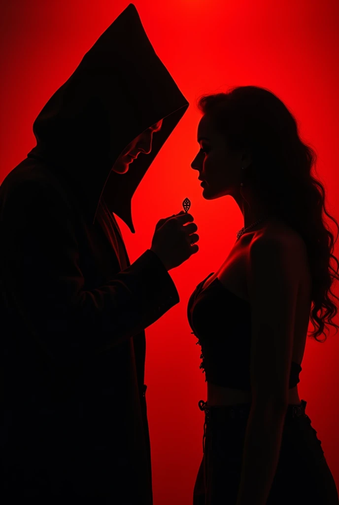 art guy magician and girl stand opposite each other. a guy pulls a girl by her pendant with his hand, which is located on her neck. their faces are not visible, silhouettes. Close plan. red background.