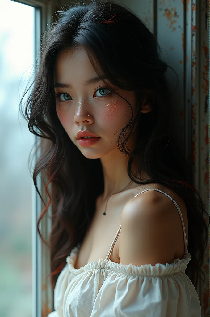 beautfull woman, blue colored eyes, freckles, black hair with red highlights, white clothes, looking at window
