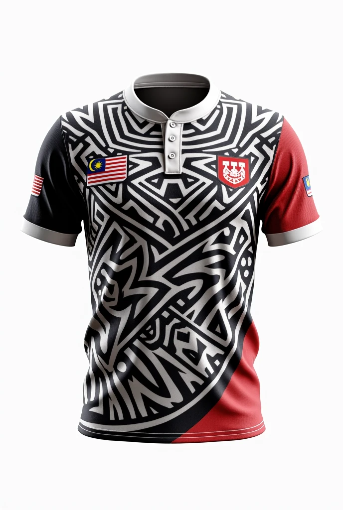 Create rugby jersey maori tribe full pattern white black and red retro round neck collar white background two side Malaysia flag on left sleeve