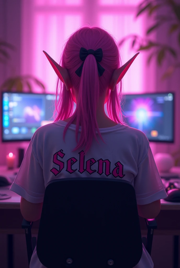 Image in violet tones of a gamer elf girl with pink hair and pink eyes from behind with the name "selena" spelled out on the back of his shirt,