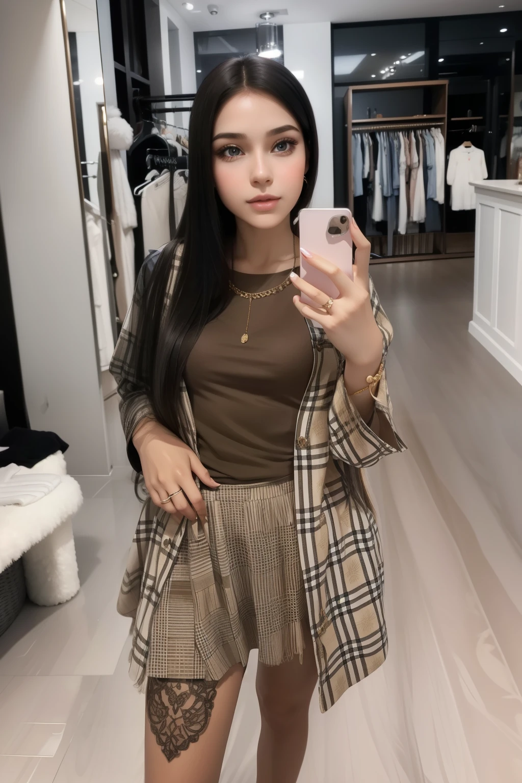 beautiful girl, photo in the mirror, portrait, beautiful straight hair, photo with phone in hands, Realism, Long dark hair, густые волосы,