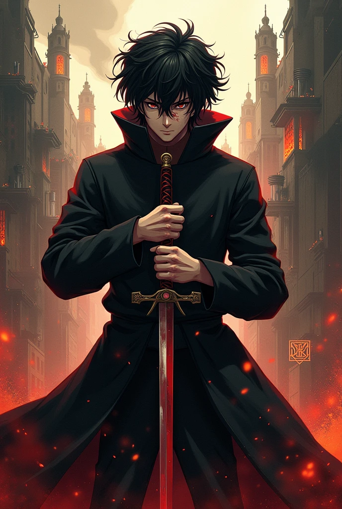 Simple Background, far and near method, abstract, High resolution, Demon slayer,Tanjiro,Hair is black,Background Building,inflammation,Holding a sword,Bruise on forehead