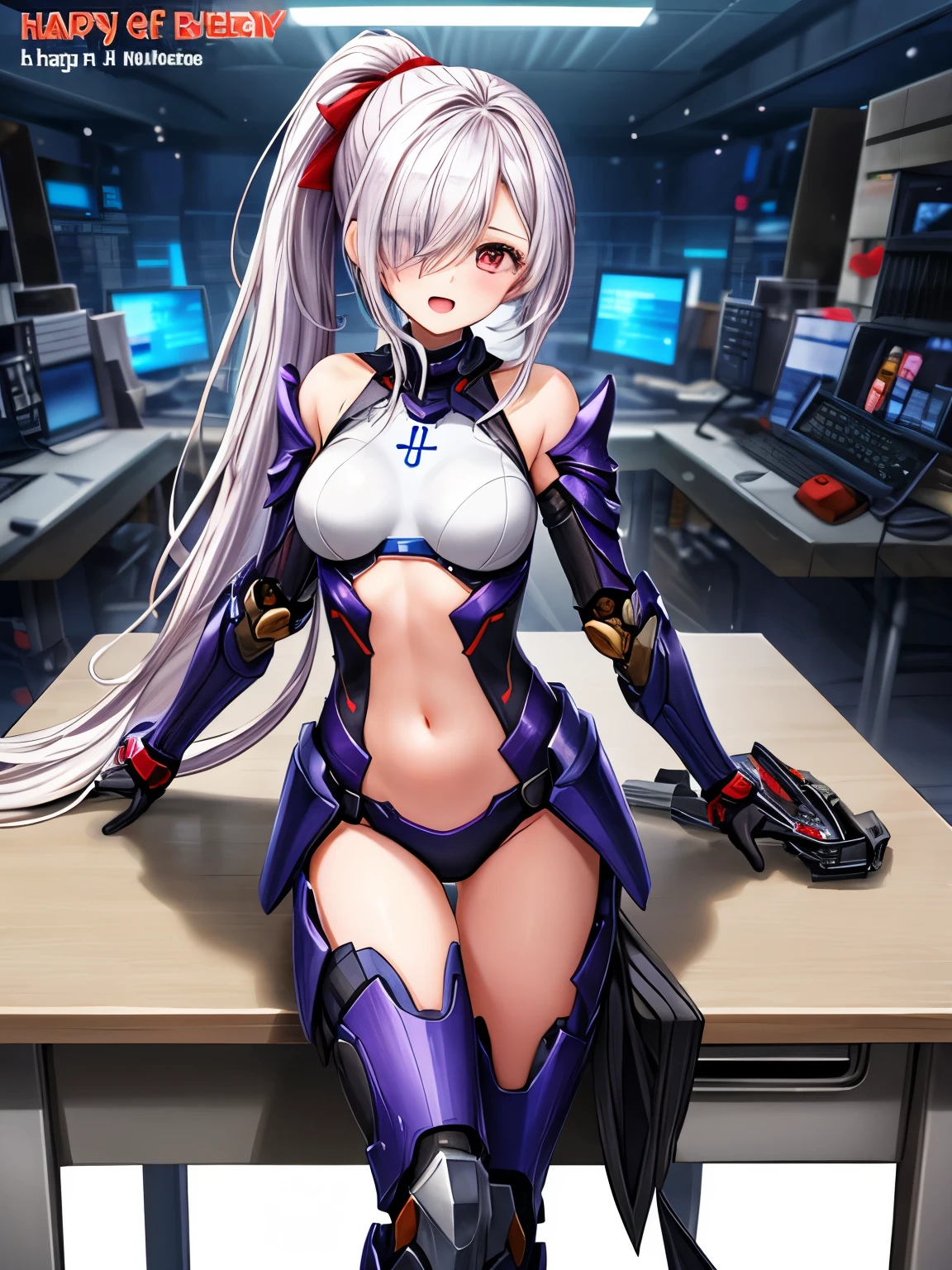 ((1 cyborg woman)),((huge breasts)),((curvy woman)),((lying on a treatment table, holding her legs wide open in an m shape)),((a penis coming out of her wet pussy of sperm, aronba anus)),((face of shame)),((bare breasts, with lots of bubian hair, with a scientist's coat)),((long gray hair, bright yellow eyes)),((with a assistant,)),((facing the viewer)),