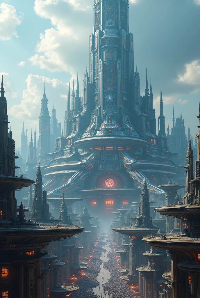 Create a futuristic city with a huge futuristic castle in the middle